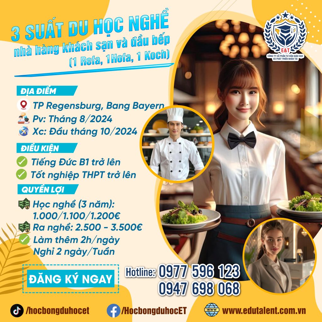 🌟 SlÊU TỐC 3 SUẤT DU HỌC NGHỀ NHÀ HÀNG KHÁCH SẠN VÀ ĐẦU BẾP TẠI CHLB ĐỨC